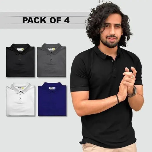 Poly Matte Solid Half Sleeves Mens Polo T-Shirt Pack Of 4 - ShoppingDragons