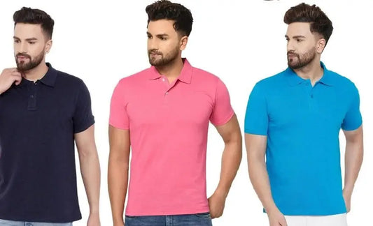 Cotton Matty Solid Half Sleeves Men's Polo Neck T-Shirt Pack Of 3 3gfndn-ee